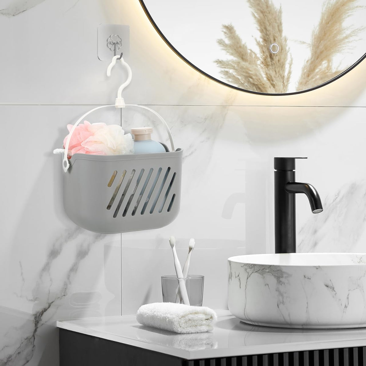 Angoily Hanging Shower Caddy Plastic Hanging Shower Caddy Basket Portable Kitchen Organizer Storage Basket with Hook for Home Grey