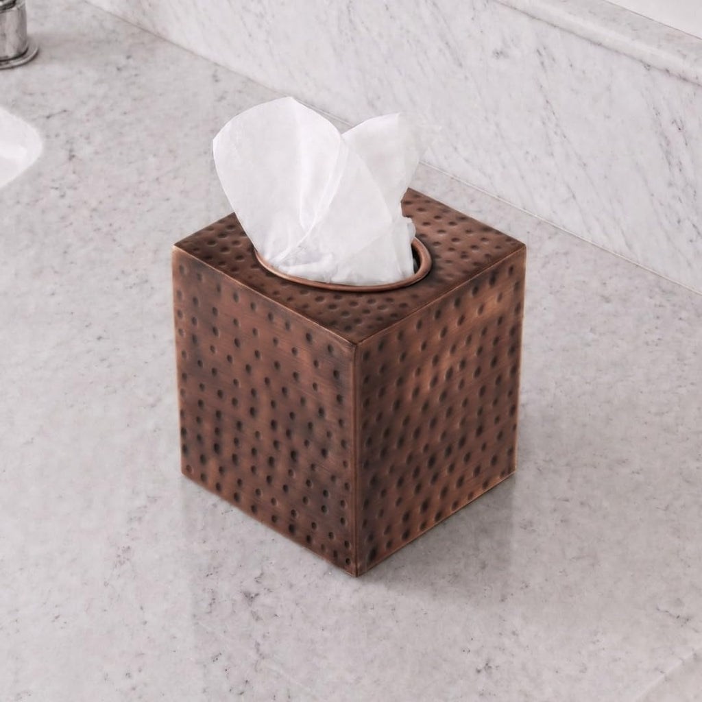 Monarch Abode Tissue Box Cover Square – Hand Hammered Antique Copper Metal Tissue Holder Box for Bathroom Accessory, Aesthetic Decorative Facial Napkin Cube for Modern Home Decor