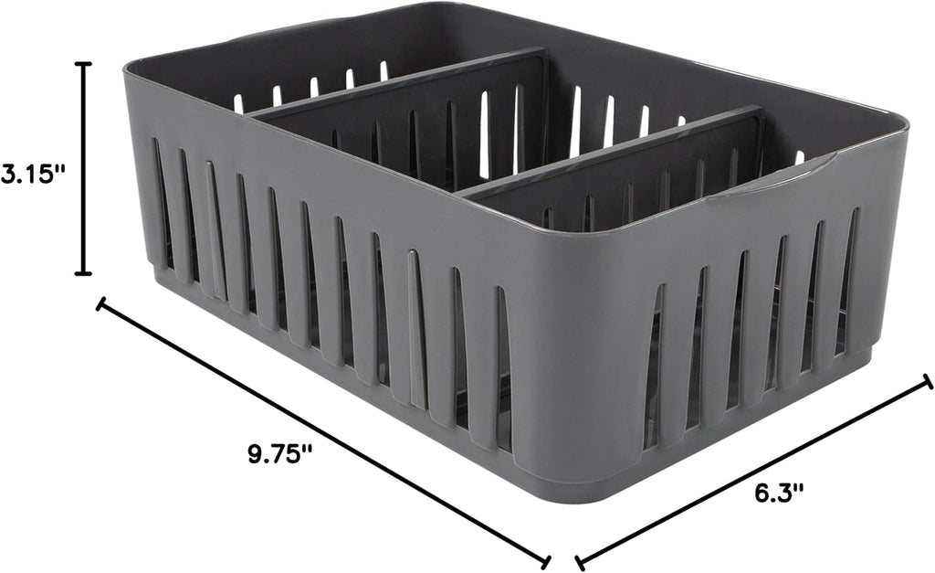 Simplify 3 Compartment Stackable Bin with Adjustable Dividers | Drawer Organizer | Storage Basket | Good for Office | Desk Supplies | Dorm | Bathroom | Accessories | Make Up | Grey