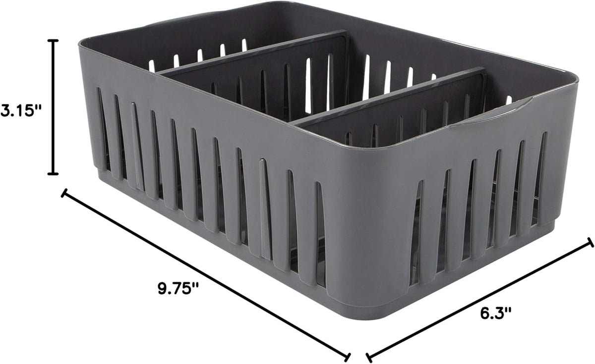 Simplify 3 Compartment Stackable Bin with Adjustable Dividers | Drawer Organizer | Storage Basket | Good for Office | Desk Supplies | Dorm | Bathroom | Accessories | Make Up | Grey