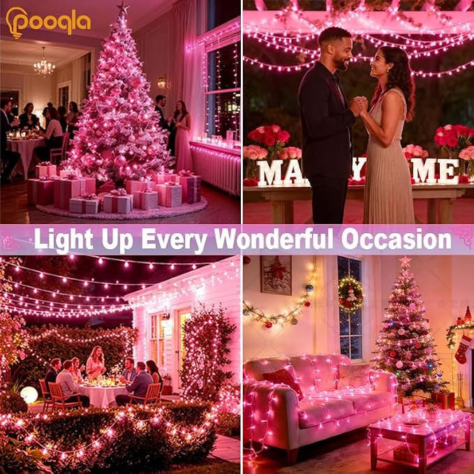 Pooqla 200 LED String Lights Indoor Outdoor, 66 ft Pink Christmas Lights Plug in with Timer, Connectable 8 Modes Waterproof Clear Wire Twinkle Fairy Lights for Halloween Xmas Tree Yard Wedding Decor