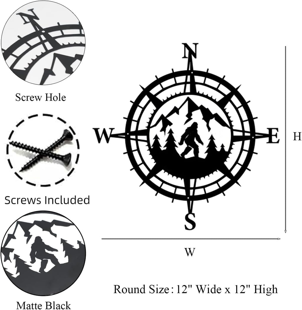 Gemseek Black Metal Bigfoot Wall Decor, Funny Compass Wall Art Sculpture
