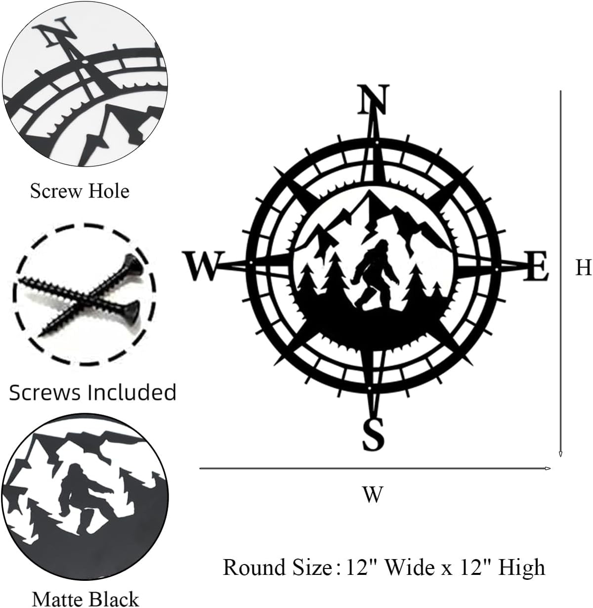 Gemseek Black Metal Bigfoot Wall Decor, Funny Compass Wall Art Sculpture