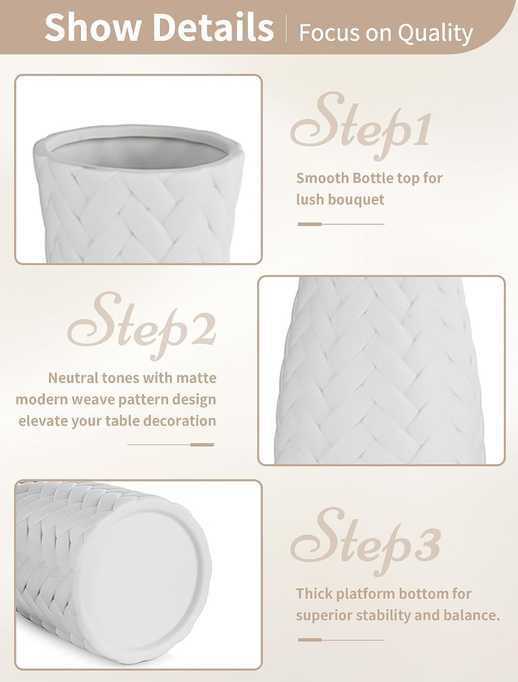 NUPTIO White Ceramic Flower Vase, Woven Texture, 7.9" Tall, Unglazed