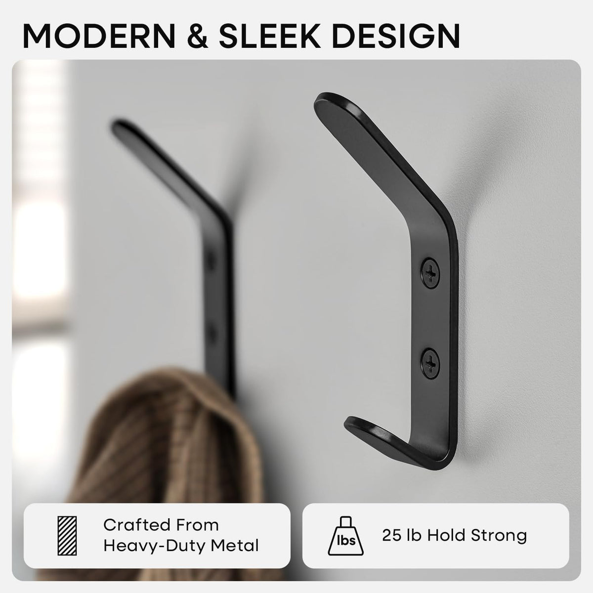 Homeforia Black Wall Coat Hooks, High-End Metal, Heavy Duty, Set of 10