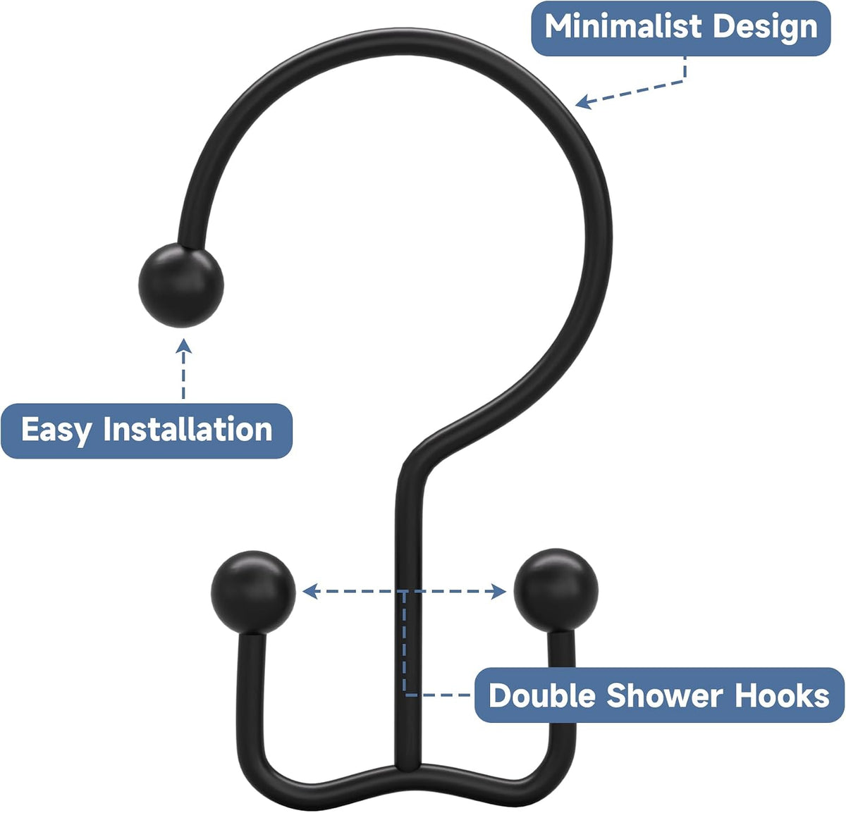 Titanker Shower Curtain Hooks Rings, Rust Resistant Metal Minimalist Simple Double Glide Shower Hooks Rings for Bathroom Shower Rods Curtains, Set of 12 Hooks - Black