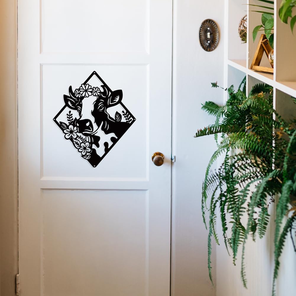 NBEADS Cow Flower Metal Wall Art Decor, Matte Black Wall Hanging Decor Silhouette Wall Art for Home Bedroom Living Room Bathroom Kitchen Office Hotel Wall Decoration, 10.3×8.86"(26.2x22.5cm)
