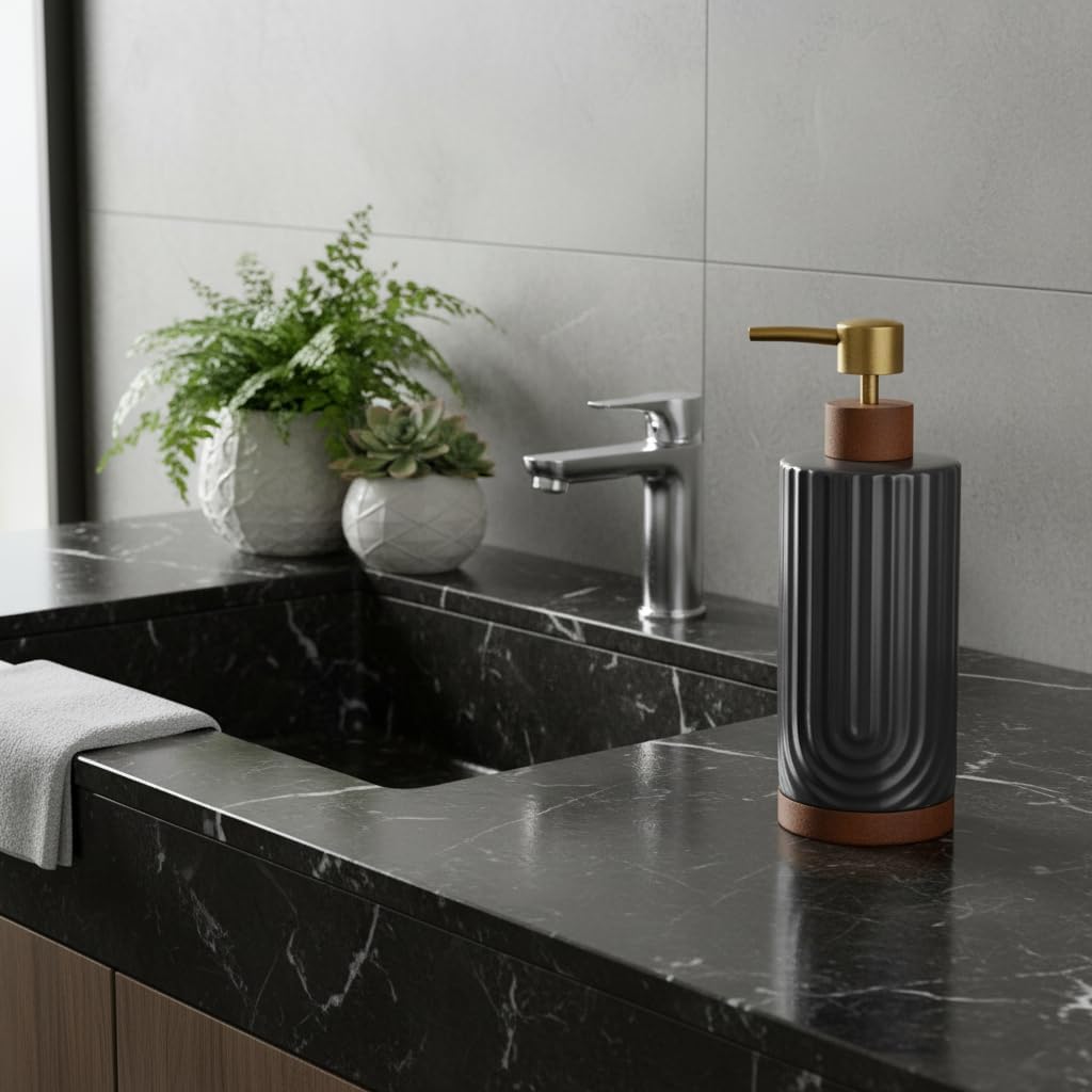 Black Soap Dispenser,Ceramic with Wood Hand Soap Dispenser, 16oz Refillable Liquid Bottle, for Modern Home Decor, Bathroom, Kitchen Countertop, Hotel (Black)