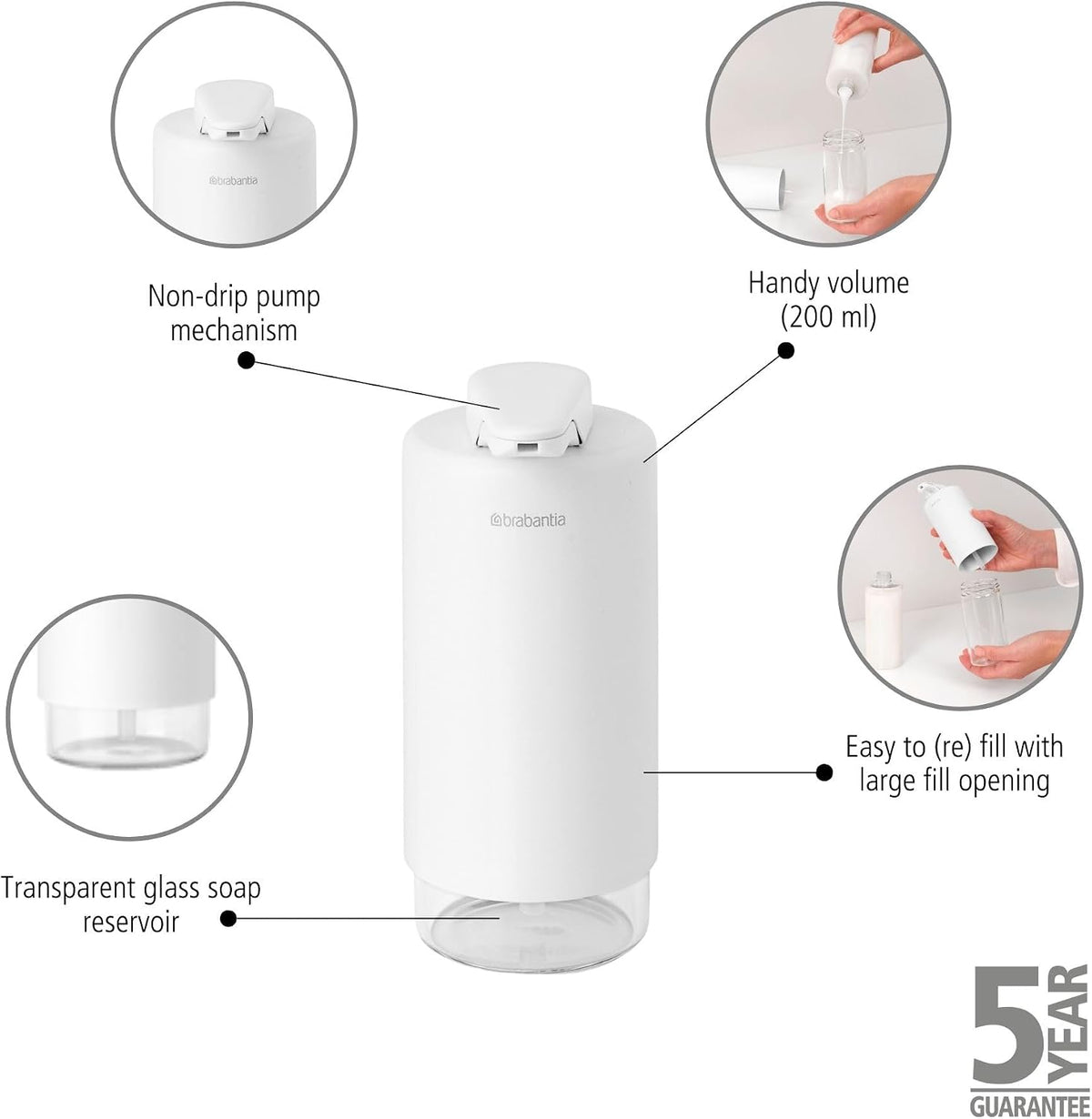Brabantia SinkStyle Soap Dispenser – Stylish Pump Dispenser for Hand Soap and Dishwashing Liquid – Organizer, Corrosion-Resistant, Mineral Fresh White, 6.8oz