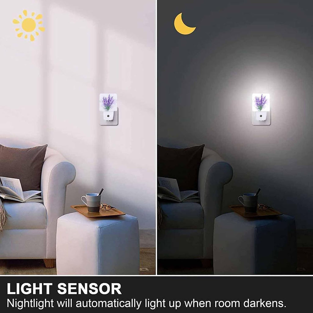 LED Night Light,Delicate Purple Lavender Flowers LED Night Light Plug into Wall with Dusk to Dawn Light Sensor White Energy Efficient Nightlight for Bedroom Bathroom Hallway LivingRoom Kitchen