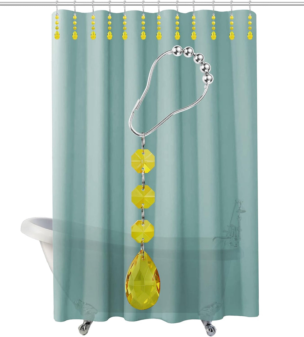 Shower Curtain Hooks Rings for Bathroom, 12PCS Gemstone Crystal Bead Water Drop Stainless Steel Rust Resistant Clear Shower Curtain Rings (Yellow)