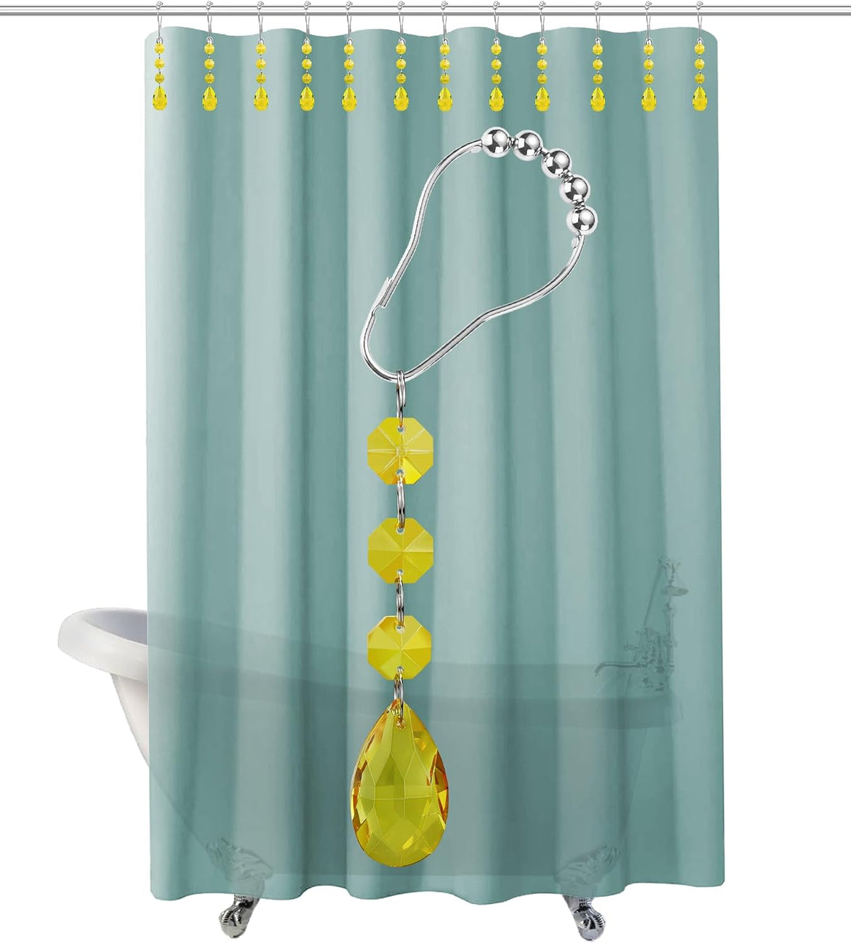 Shower Curtain Hooks Rings for Bathroom, 12PCS Gemstone Crystal Bead Water Drop Stainless Steel Rust Resistant Clear Shower Curtain Rings (Yellow)