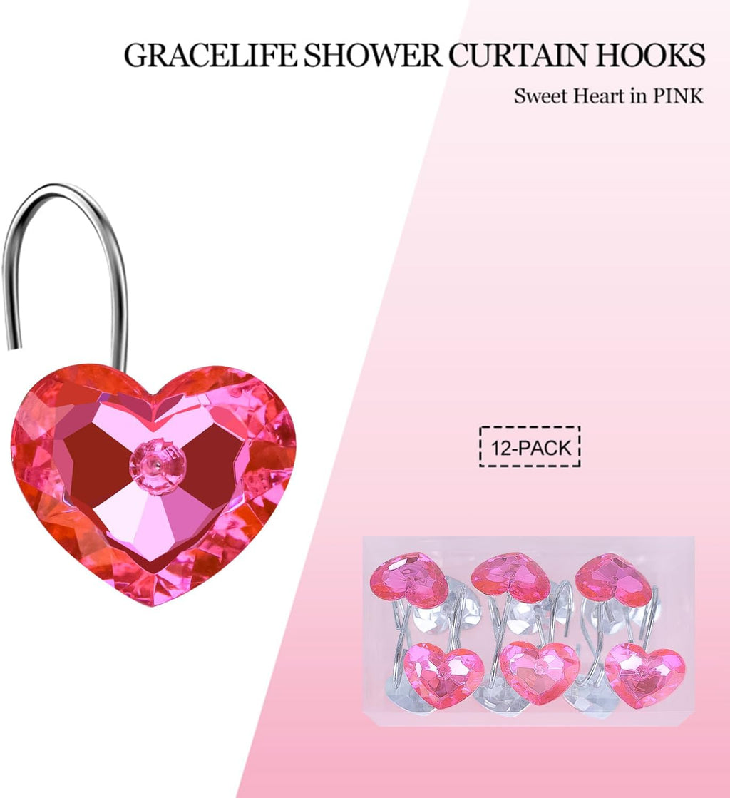 Heart Decorative Shower Hook Love Rhinestone Shower Curtain Rings, Pink
