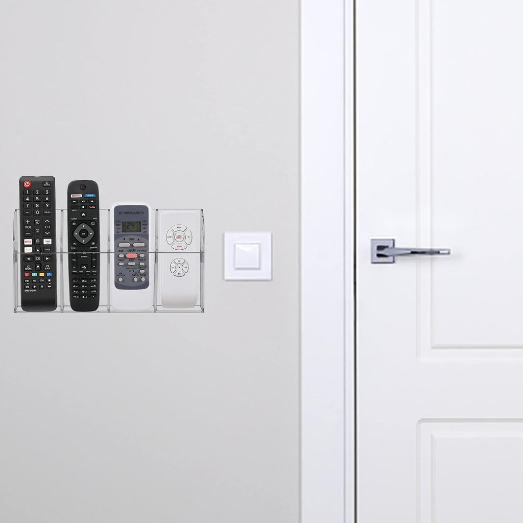 HBlife Acrylic Remote Holder Organizer, Clear TV Remote Control Wall Mount Caddy for Bedside, 4 Compartments