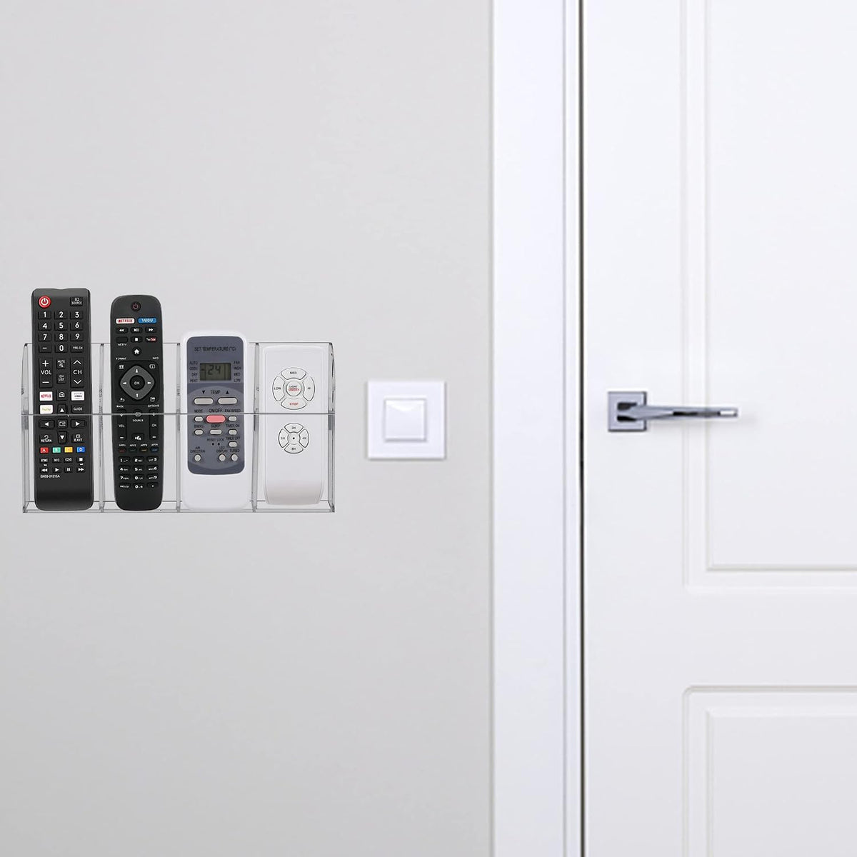 HBlife Acrylic Remote Holder Organizer, Clear TV Remote Control Wall Mount Caddy for Bedside, 4 Compartments