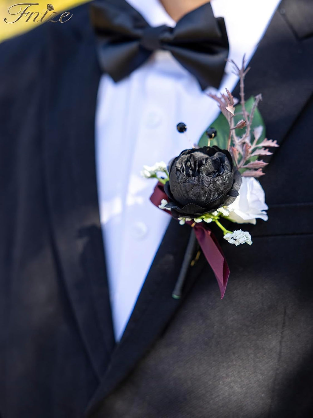 Fnize Boutonniere for Men Set of 6 Groom Groomsmen Wedding, Black & White