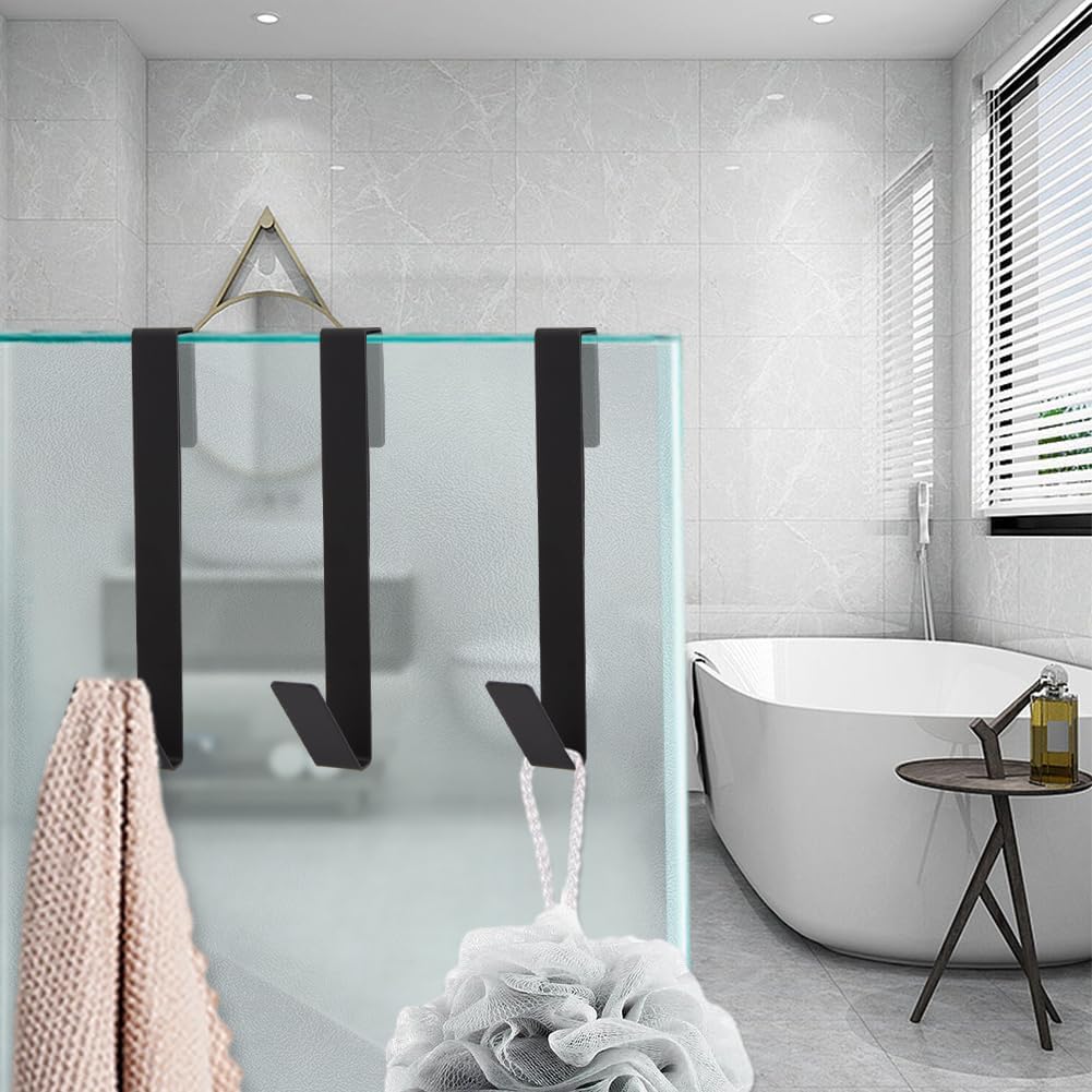 4 Pack 7 Inch Shower Door Hooks for Frameless Glass Doors Up to 11mm (7/16"), Stainless Steel Over Door Towel Hooks, No Drill Shower Hanger for Bathroom Towels & Robes, Matte Black