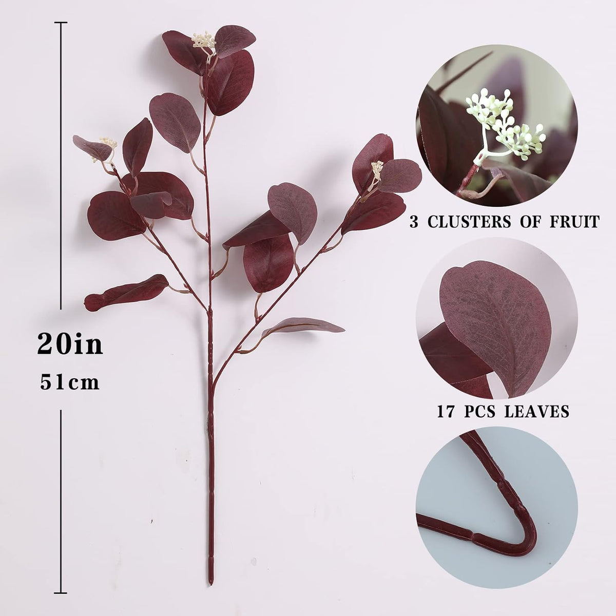 dallisten 20" Silk Artificial Eucalyptus Stems, 12Pcs Fake Eucalyptus Stem with Leaves Berries, Greenery Plants Floral Decorations for Wedding Party Flowers Arrangement Home Decor (Burgundy)