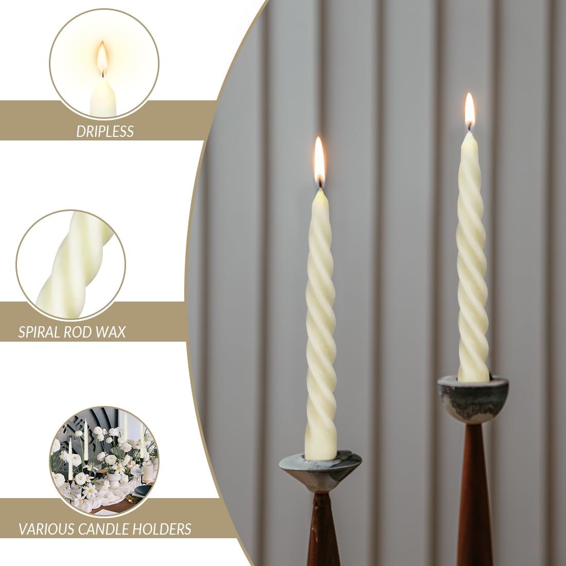Natural Beeswax Spiral Taper Candles, Pack of 6, 7 Inch Tall- Off White