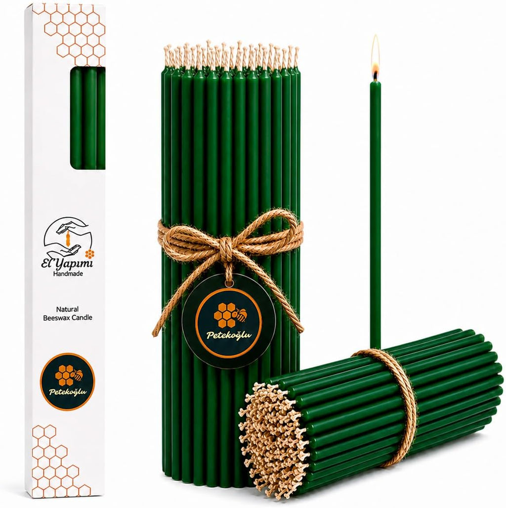Petekoğlu 15-Pack Beeswax Wish Candles – Handcrafted, Drip-Free, Smoke-Free Slim Taper Candles for Rituals, Meditation, Birthday & Home Décor – Natural Honey Scent 7.87” x 0.24” (Green)