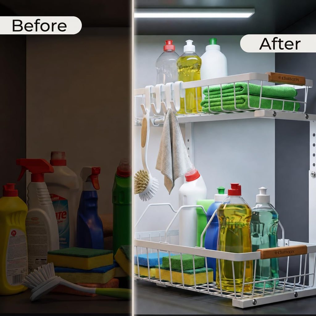 Under Kitchen Sink Organizer with LED Lights, 2 Pack, 2-Tier