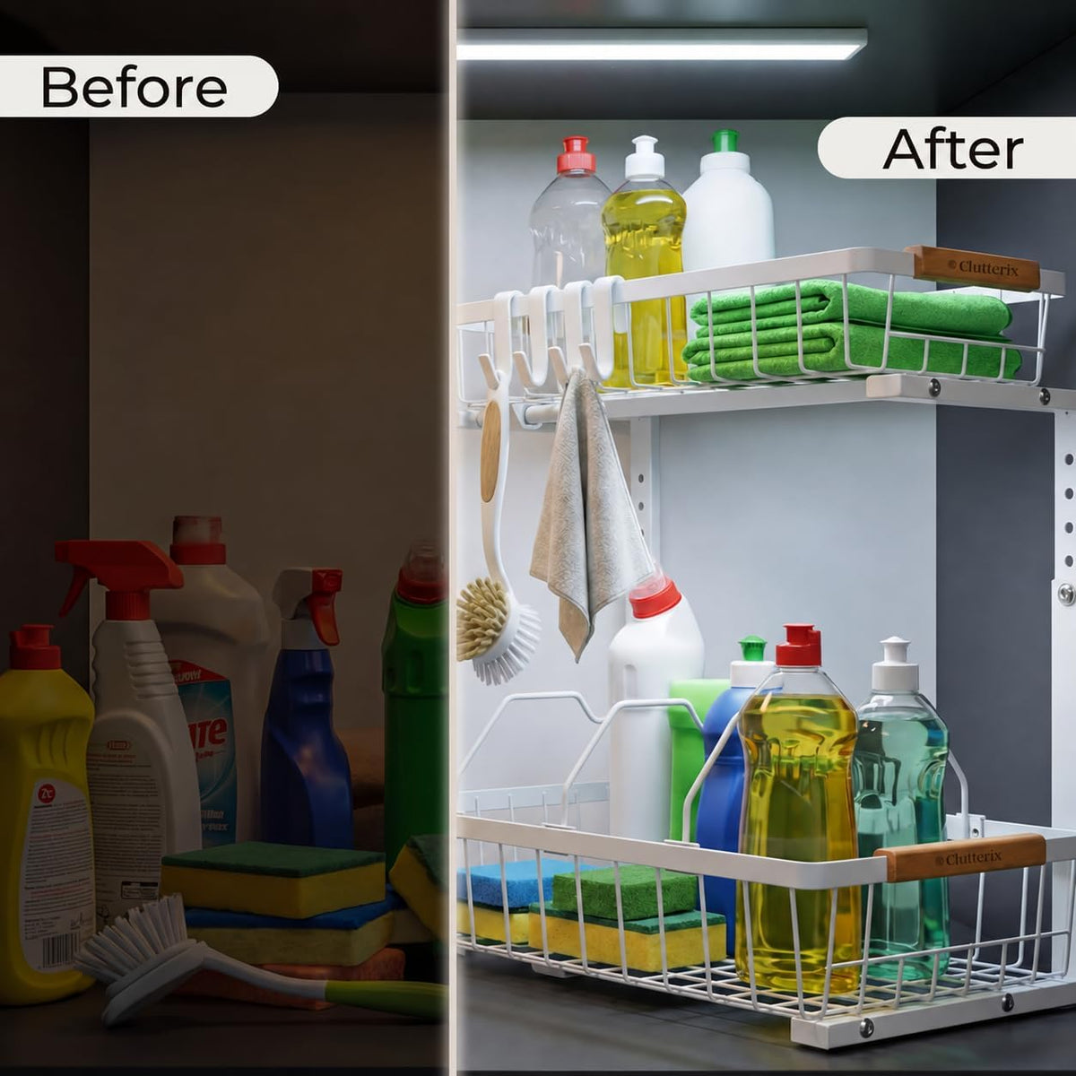 Under Kitchen Sink Organizer with LED Lights, 2 Pack, 2-Tier