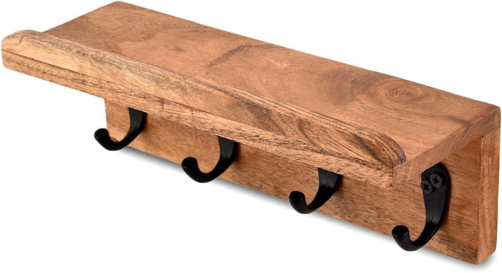 NIRMAN Acacia Wood Rustic Key Holder for Wall, Farmhouse Wall Shelf with 4 Hooks for Entryway Farmhouse Kitchen (10" x 3.5" x 3.5")
