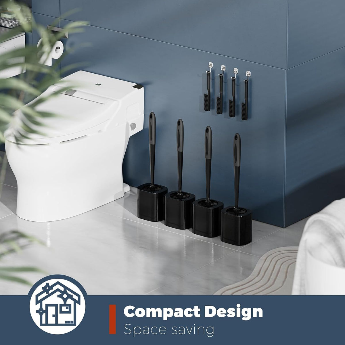 Holaloha Toilet Brush and Holder Set, Space Saving, 4 Pack, Black