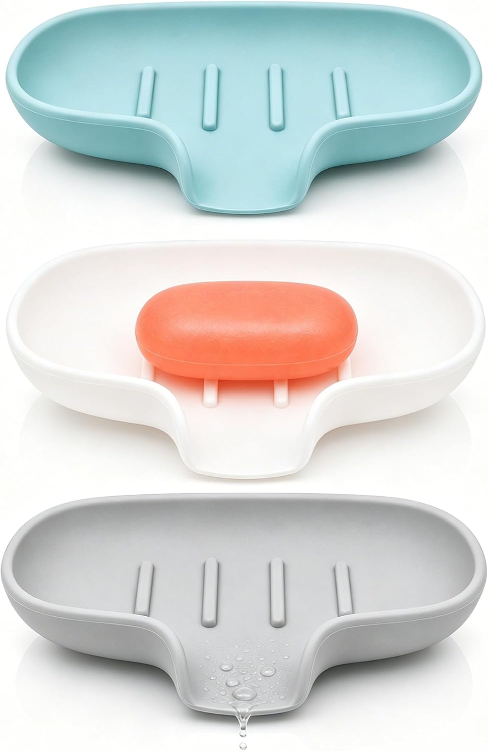3 Pack Silicone Soap Dish for Shower, Bar Soap Holder with Drain Spout