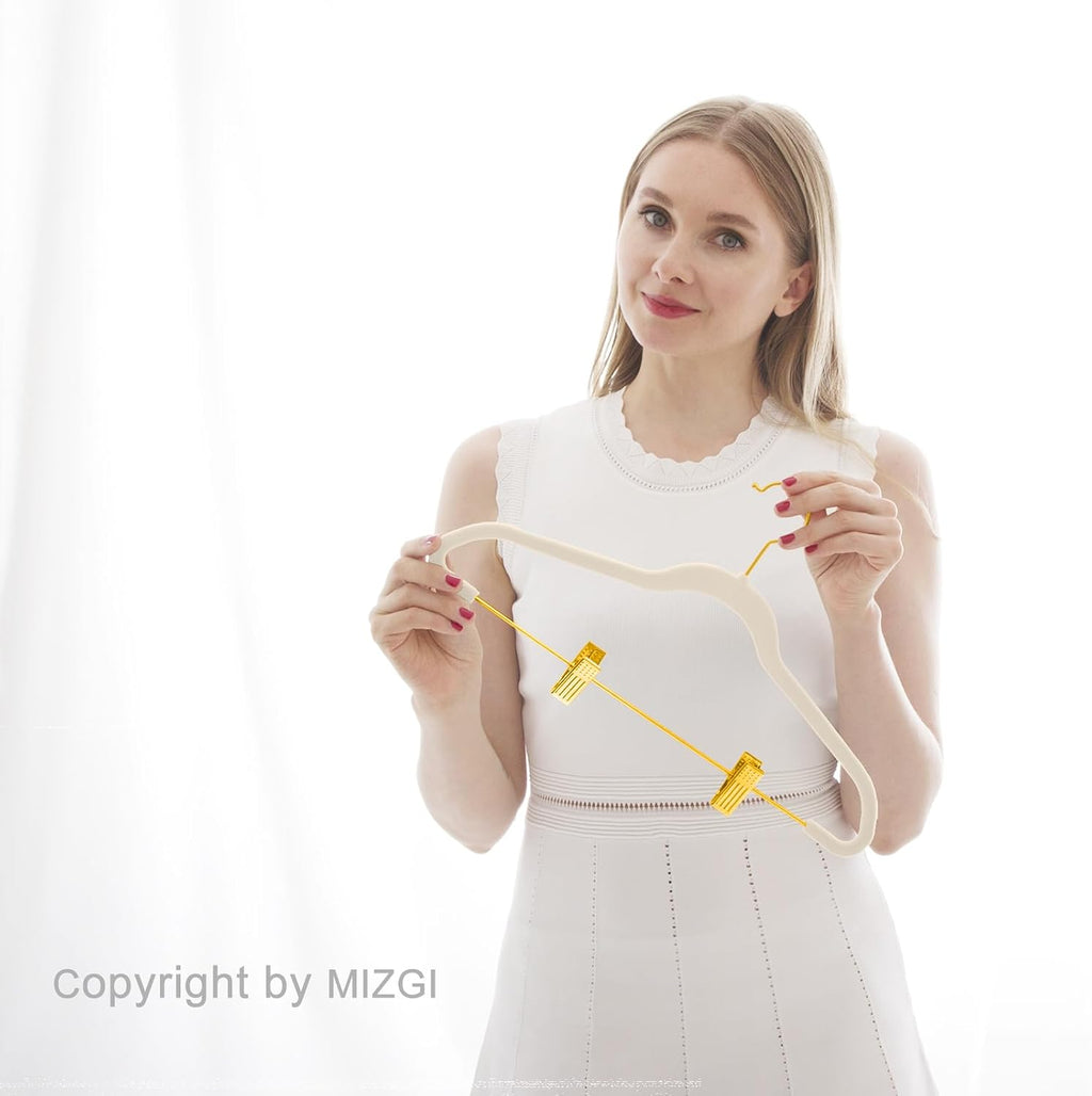 MIZGI Premium Velvet Pants Hangers with Adjustable Clips (Pack of 20) Slim Skirt Hangers- Non Slip Felt Outfit Dress Hangers Ivory - Gold Hooks,Space Saving Shirt Clothes Hangers