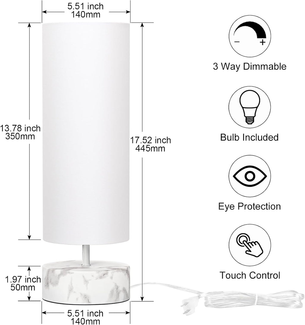 Touch Table Lamp with Marble Grain Metal Base, 3 Way Dimmable Bedside Lamp