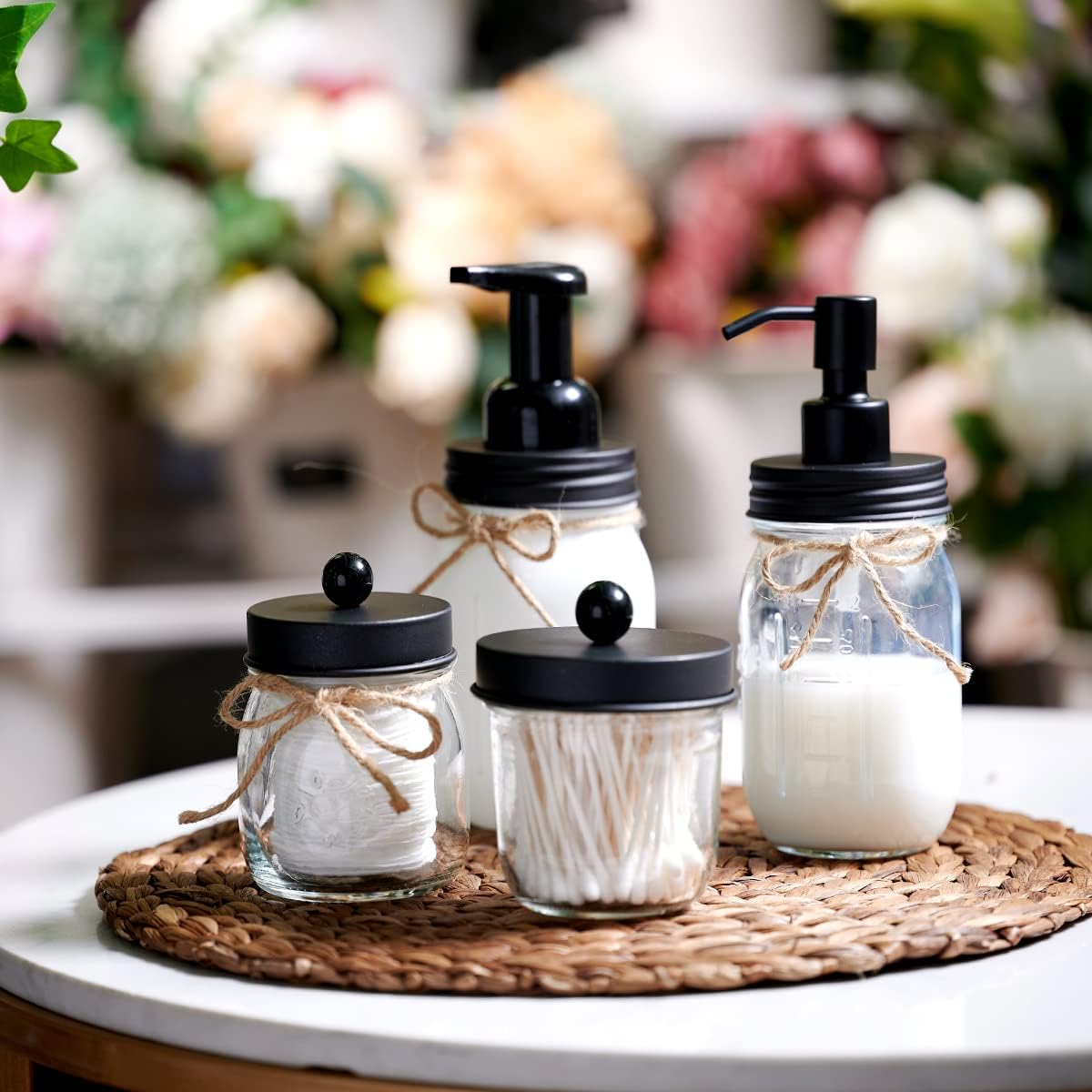 Amolliar Glass Mason Jar Qtip Dispenser Holder/Black, 2 Pack