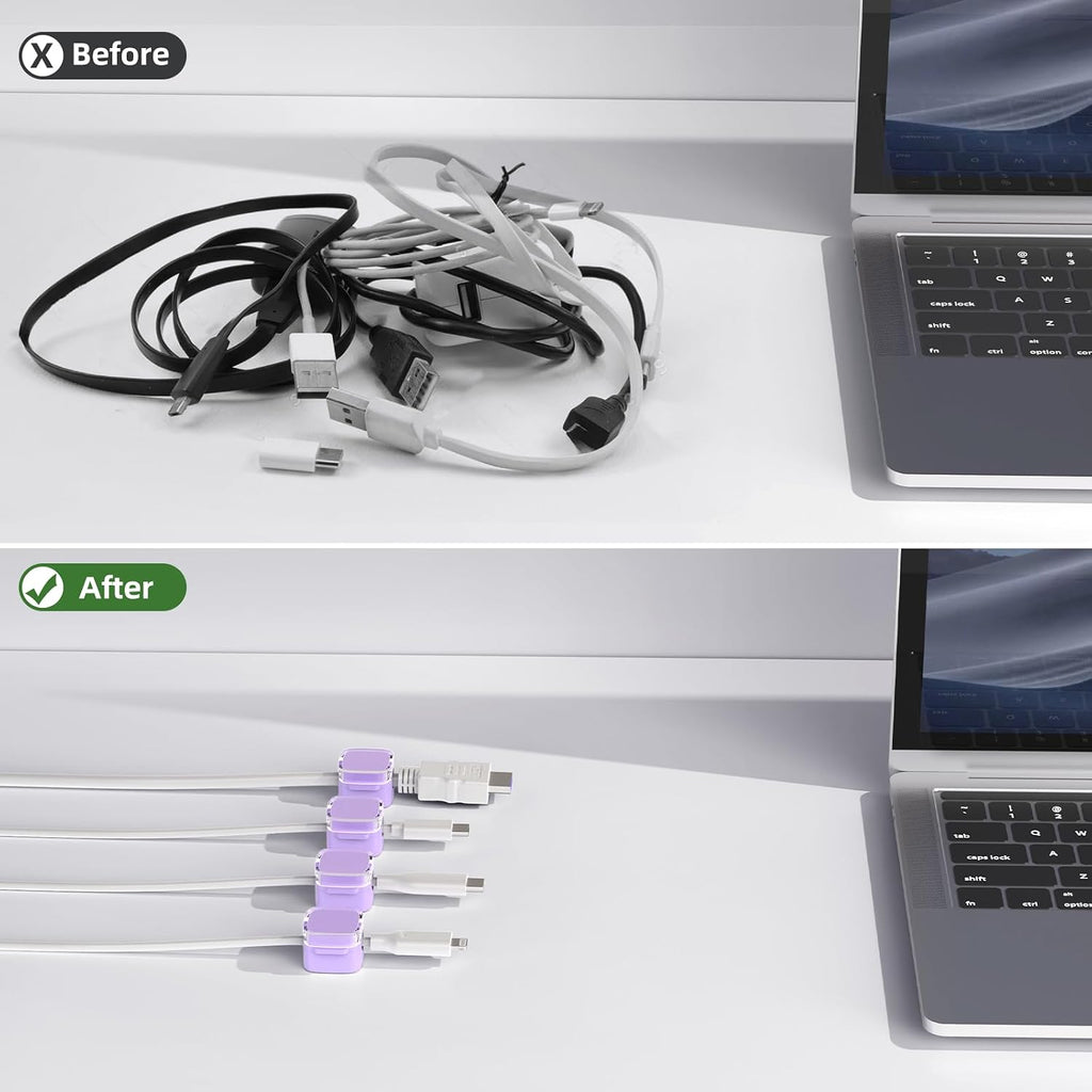 Cord Organizer for Desk, 6 Pack Magnetic Cable Clips Holder for Nightstand, Strong Adhesive Wire Organizer Keeper Phone Cord Holder for Office Car Home Kitchen Appliances Wall, Clear Purple