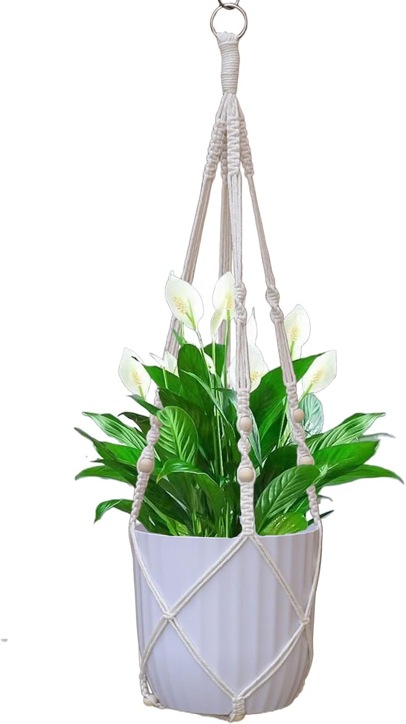 Macrame Plant Hanger Indoor Hanging Flower Pot Holder Boho Home Decor Planter Basket for Indoor Outdoor Ivory (POTS NOT Included) (Wood Bead-35, 1)
