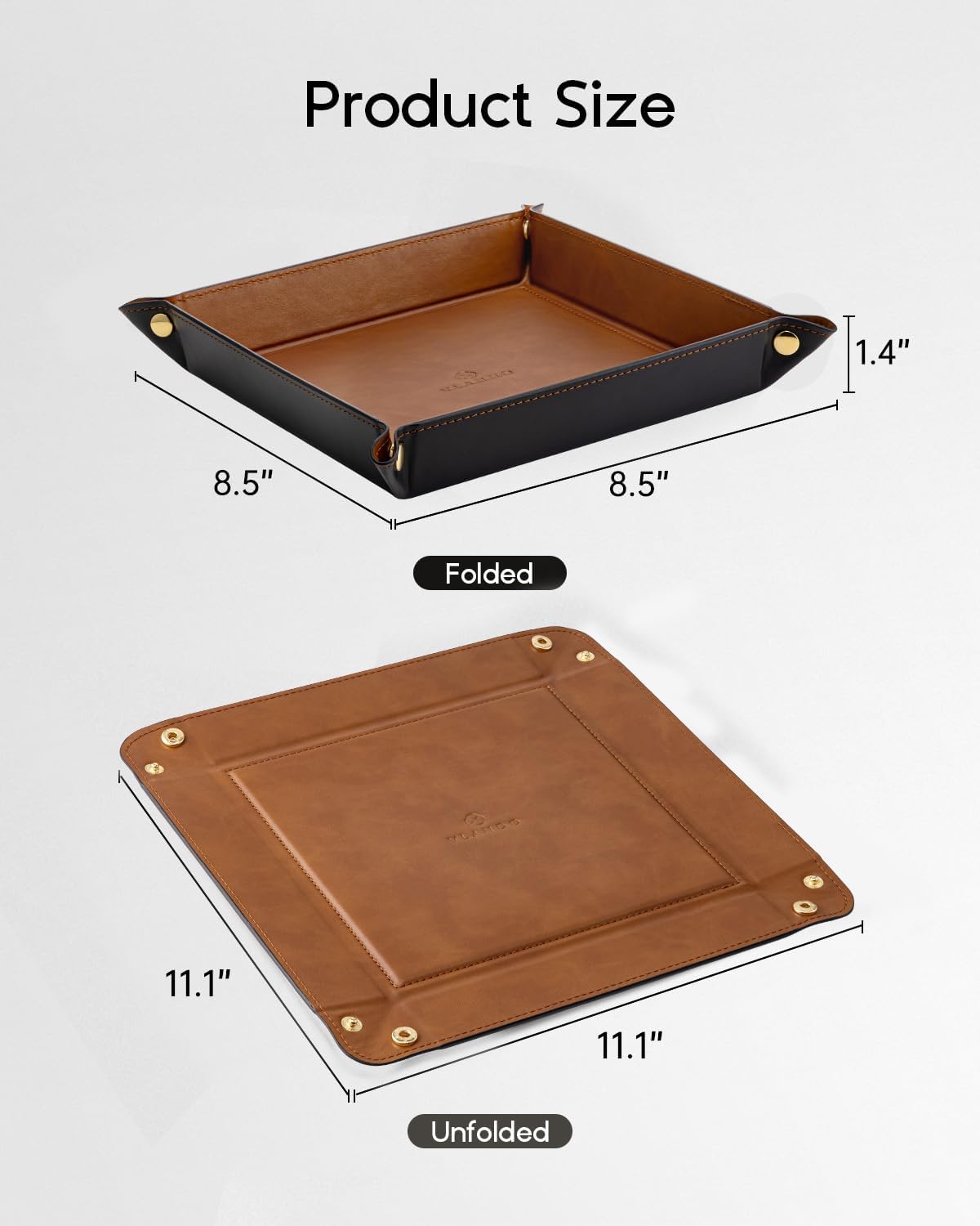 VLANDO Travel Valet Tray, Foldable PU Leather Catchall Tray, Light Brown