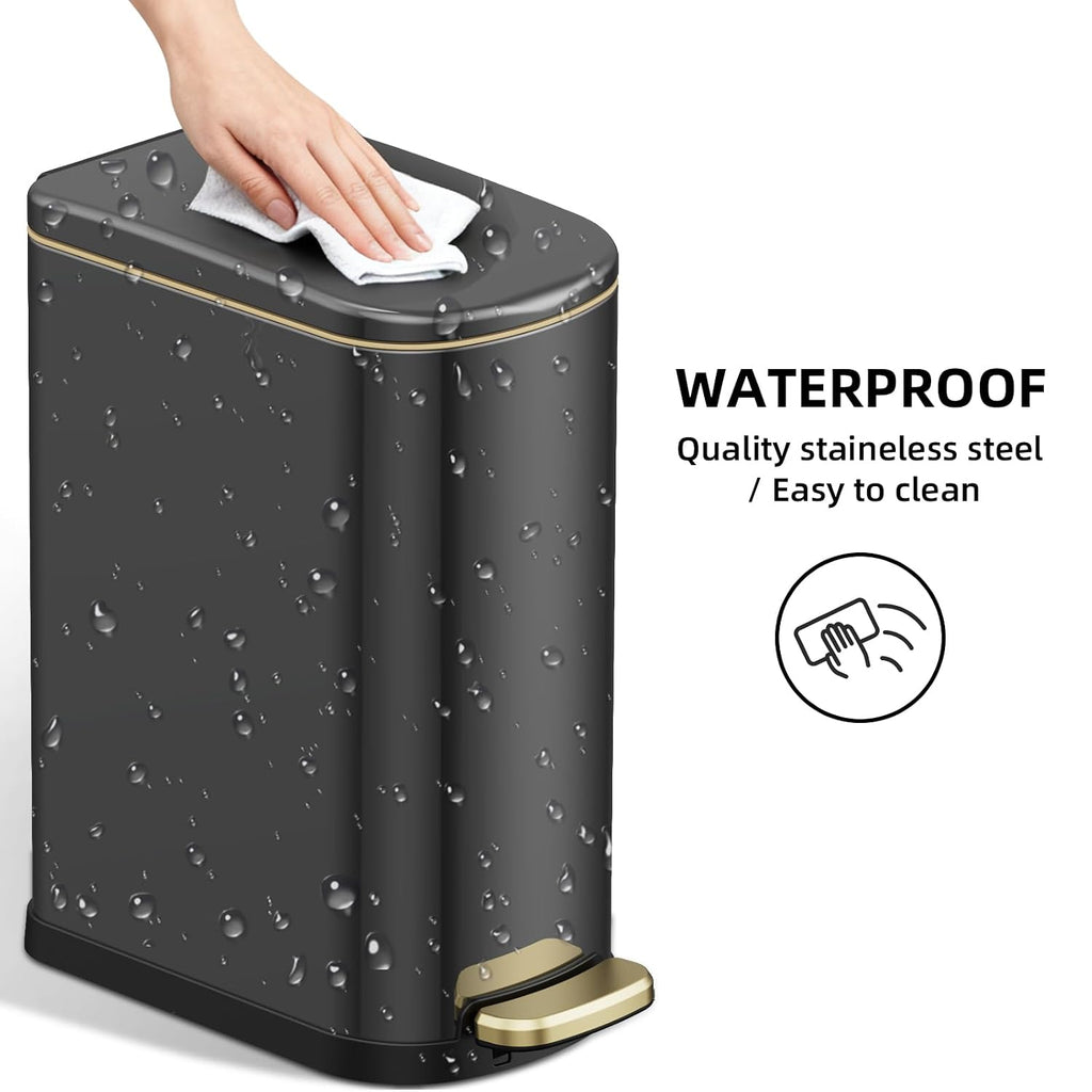 2.6 Gal Bathroom Trash Can with Soft Close Stay Open Lid, Small Rectangular 10L Stainless Steel Waste bin for Narrow Space, Waterproof, Titanium Black