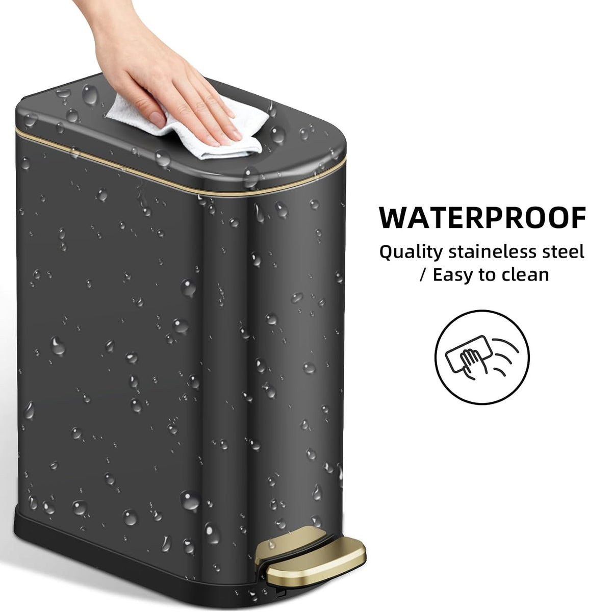 2.6 Gal Bathroom Trash Can with Soft Close Stay Open Lid, Small Rectangular 10L Stainless Steel Waste bin for Narrow Space, Waterproof, Titanium Black