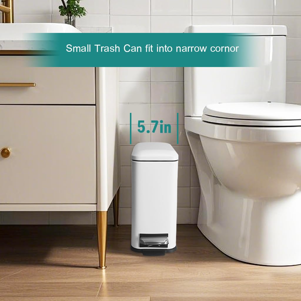 Small Bathroom Trash Can with Lid, 1.3 Gal, Soft Close, White