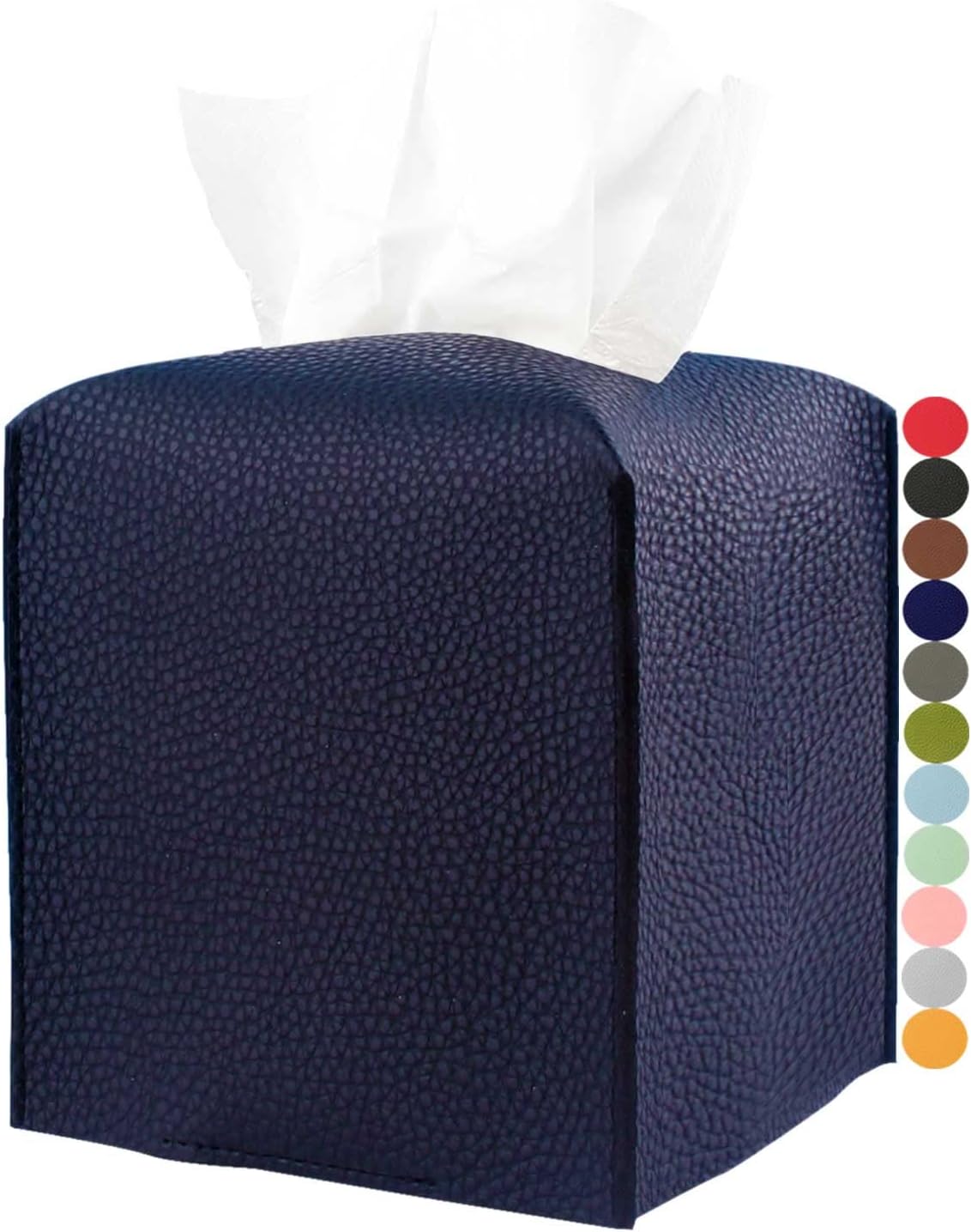 Tissue Box Cover Square Leather – Tissue Box Holder with Bottom Belt [JESMINI, Navy Blue] Decorative Cube Tissue Holder for Bathroom