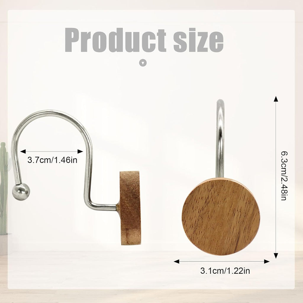 Shower Curtain Hooks, Wood Decorative Shower Curtain Rings, Modern Round Log Shower Curtain Hangers, 12PCS Metal Shower Hooks for Shower Curtain Rod, Bathroom, Bedroom, Living Room (Silvery)
