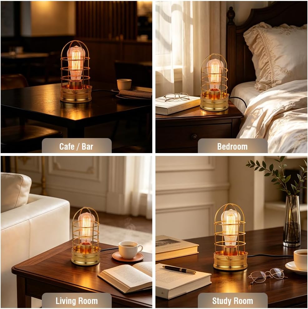 Small Industrial Table Lamp,Gold Plate Vintage Desk Light for Bedside