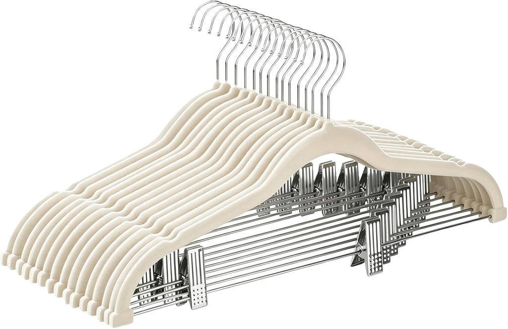 KISEER 15 Pack 16 Inch Velvet Clothes Hangers with Adjustable Clips, Heavy Duty Non Slip Space Saving Pants Skirt Hangers for Closet, Suit, Coat, Shorts, Dress (White)