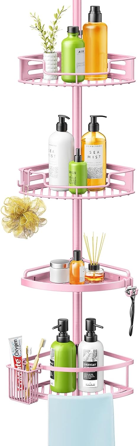 HAMITOR Corner Shower Caddy, 4 Tier Adjustable Bathroom Organizer - Pink