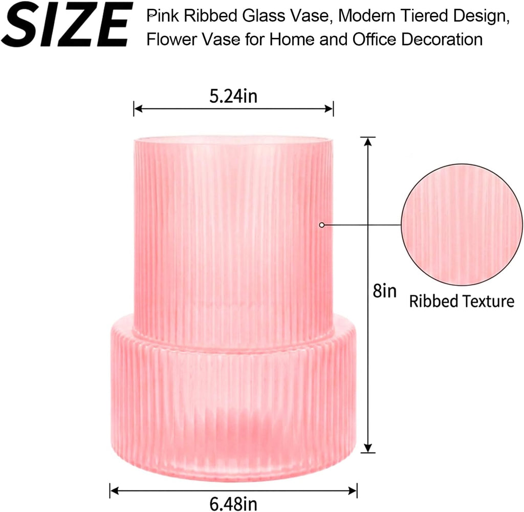 Pink Ribbed Glass Vase, Modern Decorative Flower Vase