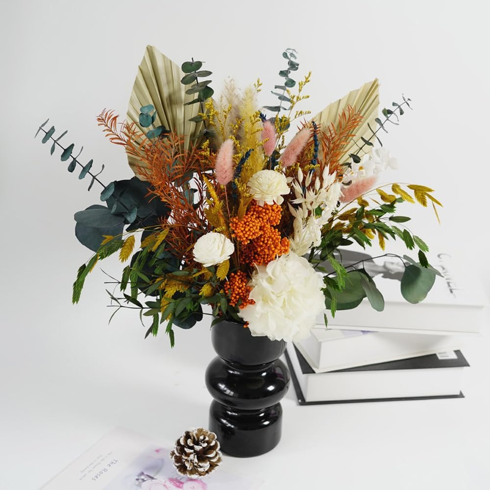 Natural Dried Pampas Grass Dried Bouquet with Orange Millet Flower & White Hydrangea , Fall Flower Arrangement with Green Eucalyptus Leaves,Bohemian DIY Dried Flowers for Wedding, Home& Office Decor