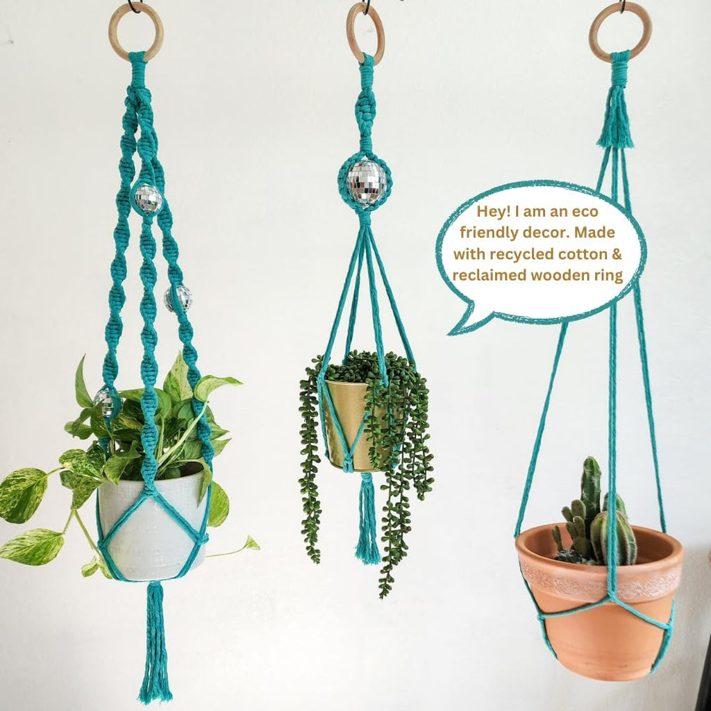 Set of 3 Macrame Plant Hanger | Disco ball decor Hanging planters for indoor plants Cool gifts for plant lovers Boho plant pots plant stand indoor Hanging planters for outdoor plants (Ocean Teal)