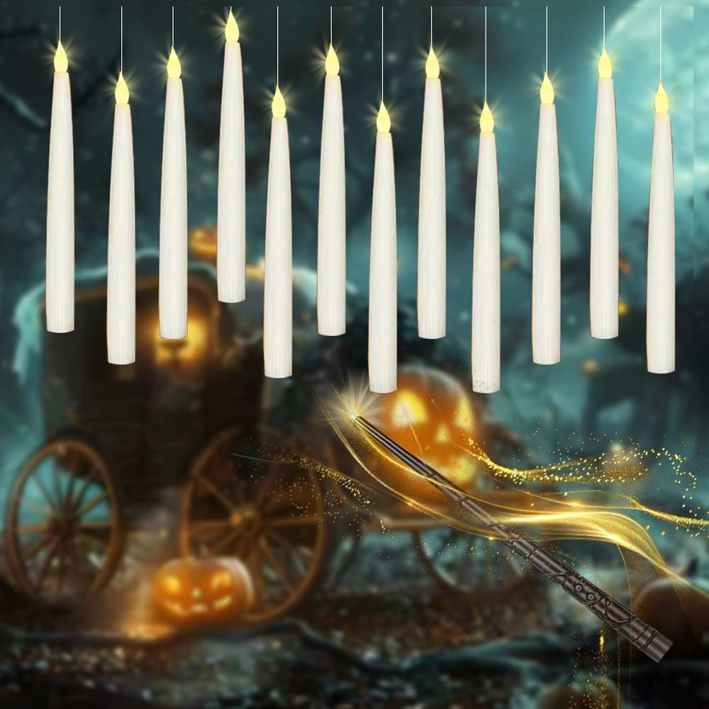 12 Pcs Floating Candles with Wand, LED Flickering Warm Light Magic Deco Candle, Flameless Taper Candles Battery Operated for Halloween Party Decor with Wand Remote Candle Wand Remote