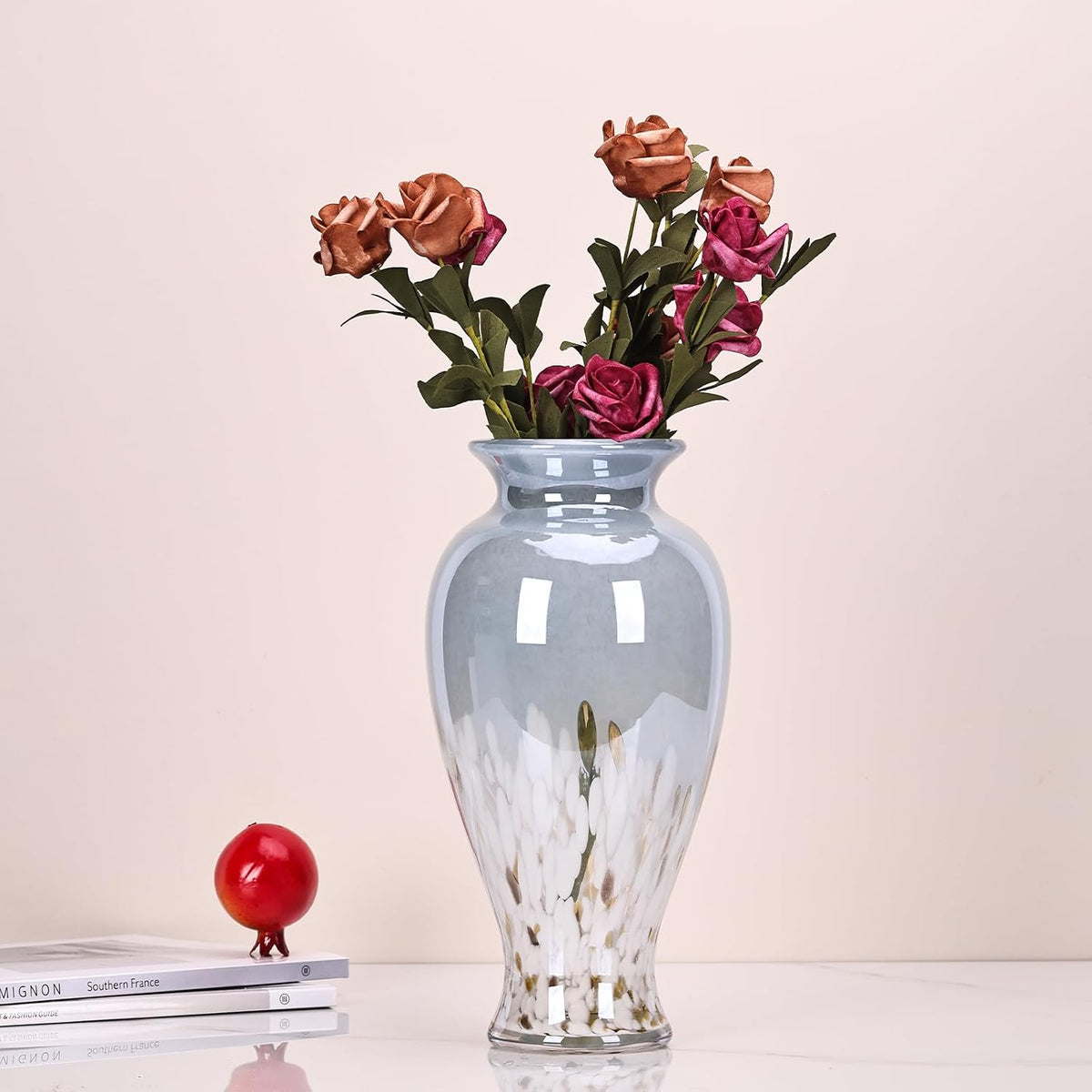 11.8" Tall Blue and White Glass Vase Beautiful Hand Blown Glass Vase Modern Art Home Decor, Wide Mouth Colorful Vases for Mantle Dining Table Centerpiece, Entryway Living Room Wedding Decoration
