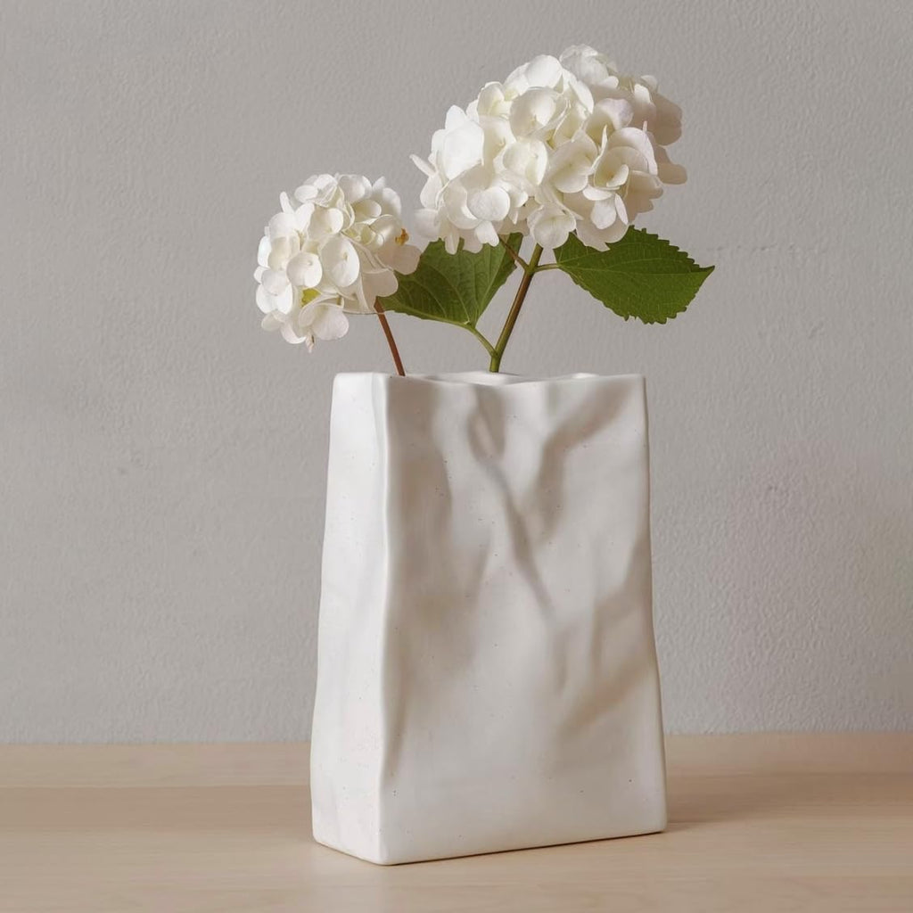 WENSHUO Flower Vase, Ceramic Crinkle Paper Bag Vase, 7.87 x 5.7 in, White