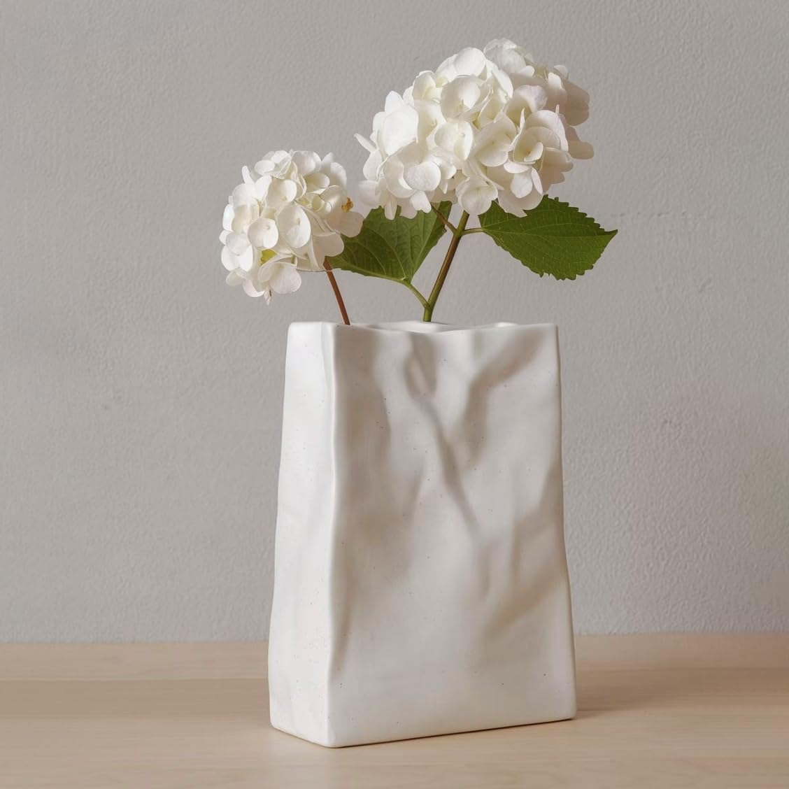 WENSHUO Flower Vase, Ceramic Crinkle Paper Bag Vase, 7.87 x 5.7 in, White